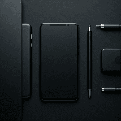 Top down view of premium dark electronic gadgets and cables arranged neatly on a dark matte surface.