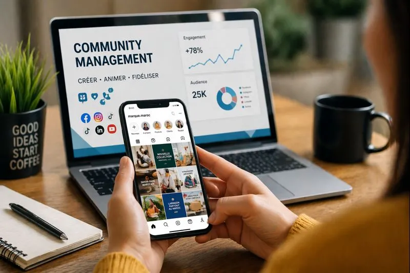 Illustration community management utilisee comme couverture pour un article sur le community management au Maroc.