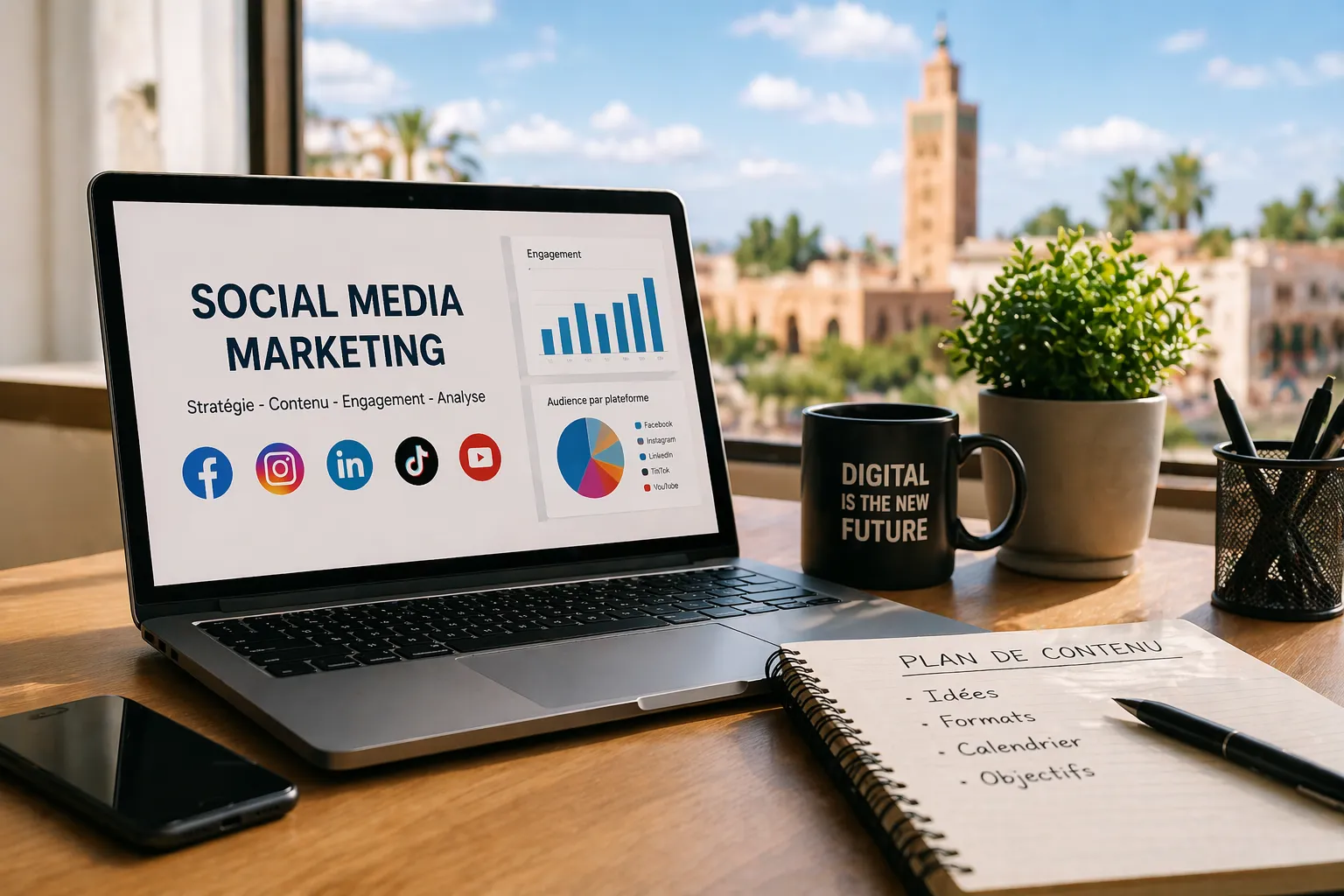 Illustration marketing utilisee comme couverture pour un article sur le social media marketing au Maroc en 2026.